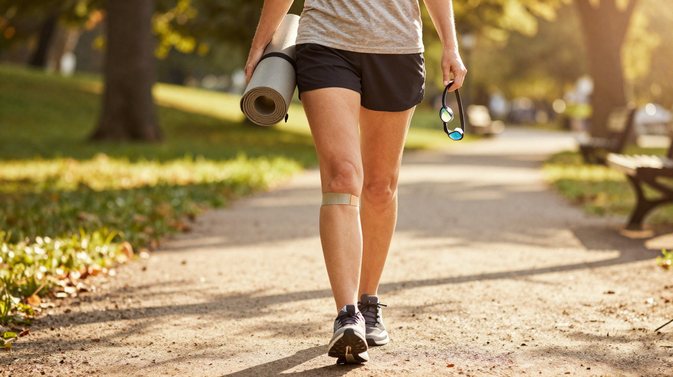 Pessoa caminhando em parque com roupa esportiva, carregando tapete de yoga e óculos de natação.