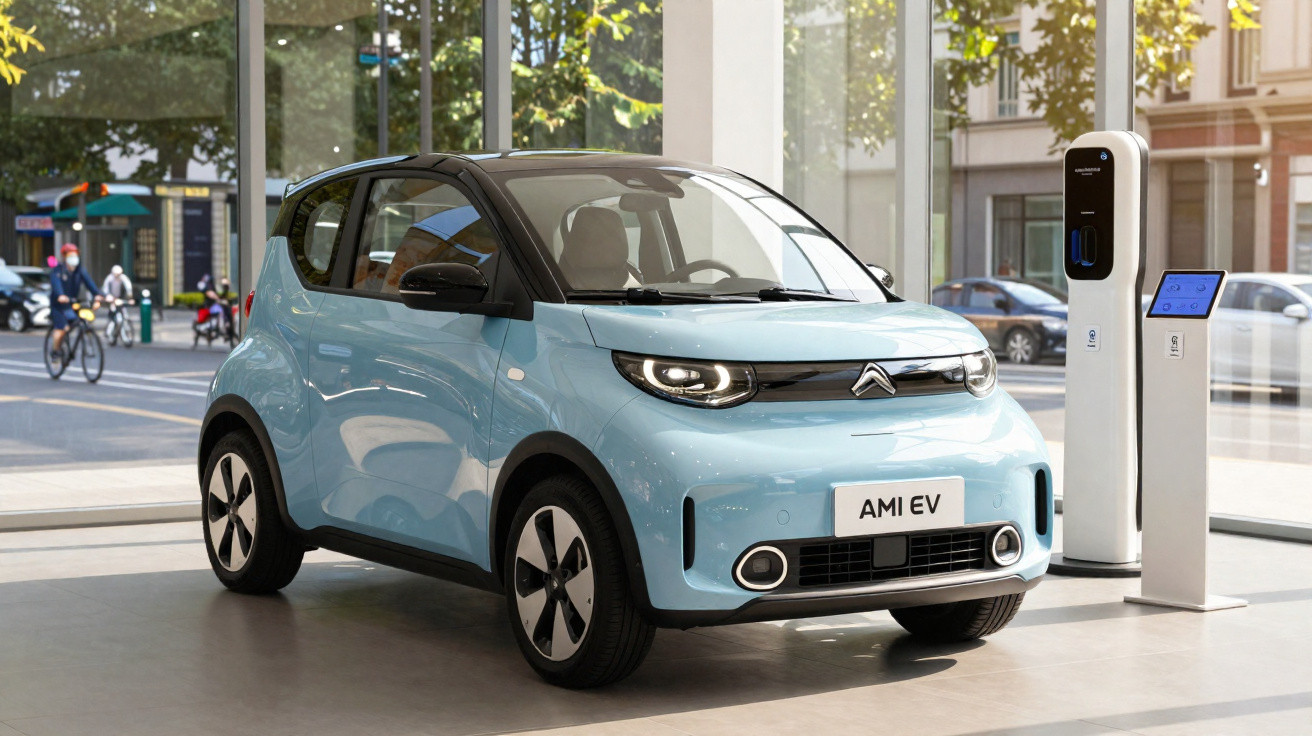 Carro elétrico azul Citroën AMI EV estacionado ao lado de estação de recarga em ambiente urbano.