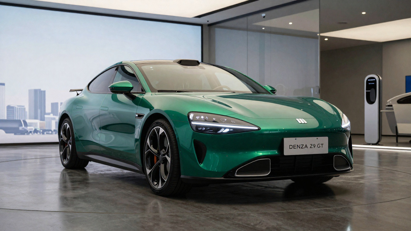 Carro elétrico esportivo verde Denza Z9 GT em ambiente interno moderno com estação de recarga ao fundo.