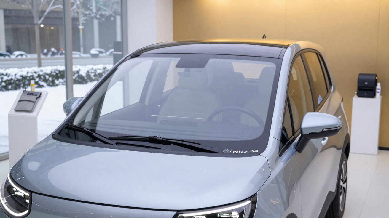 Carro elétrico compacto cinza estacionado em espaço interno com neve visível ao fundo.