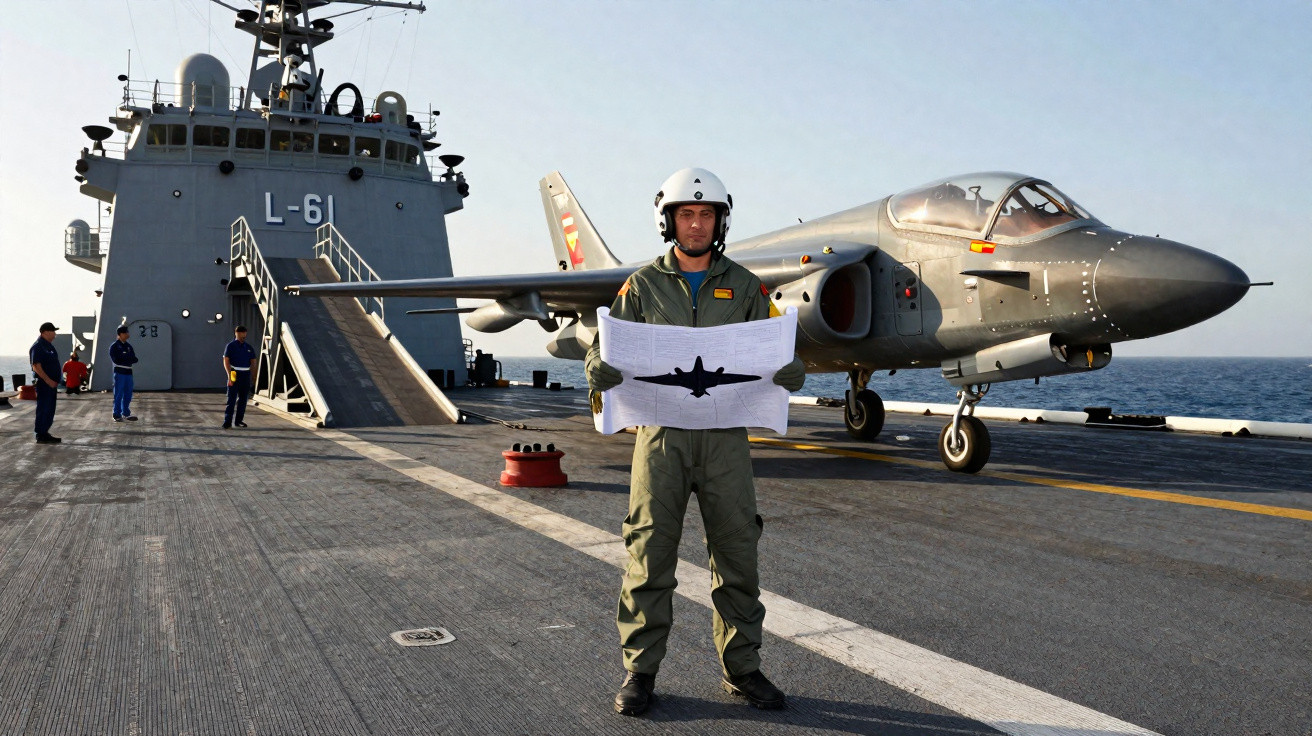 Piloto militar com capacete segura planta de avião na área de pouso de porta-aviões com avião ao fundo.