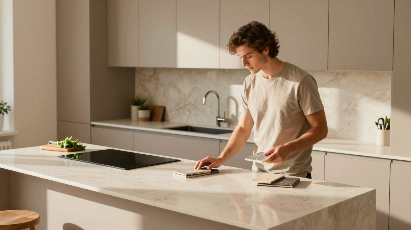 Jovem avalia amostras de revestimentos em cozinha moderna com bancada de mármore claro.