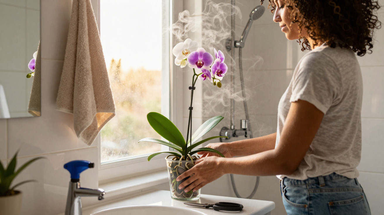 Mulher regando orquídea em vaso no banheiro próximo à janela com vapor ao redor da planta.