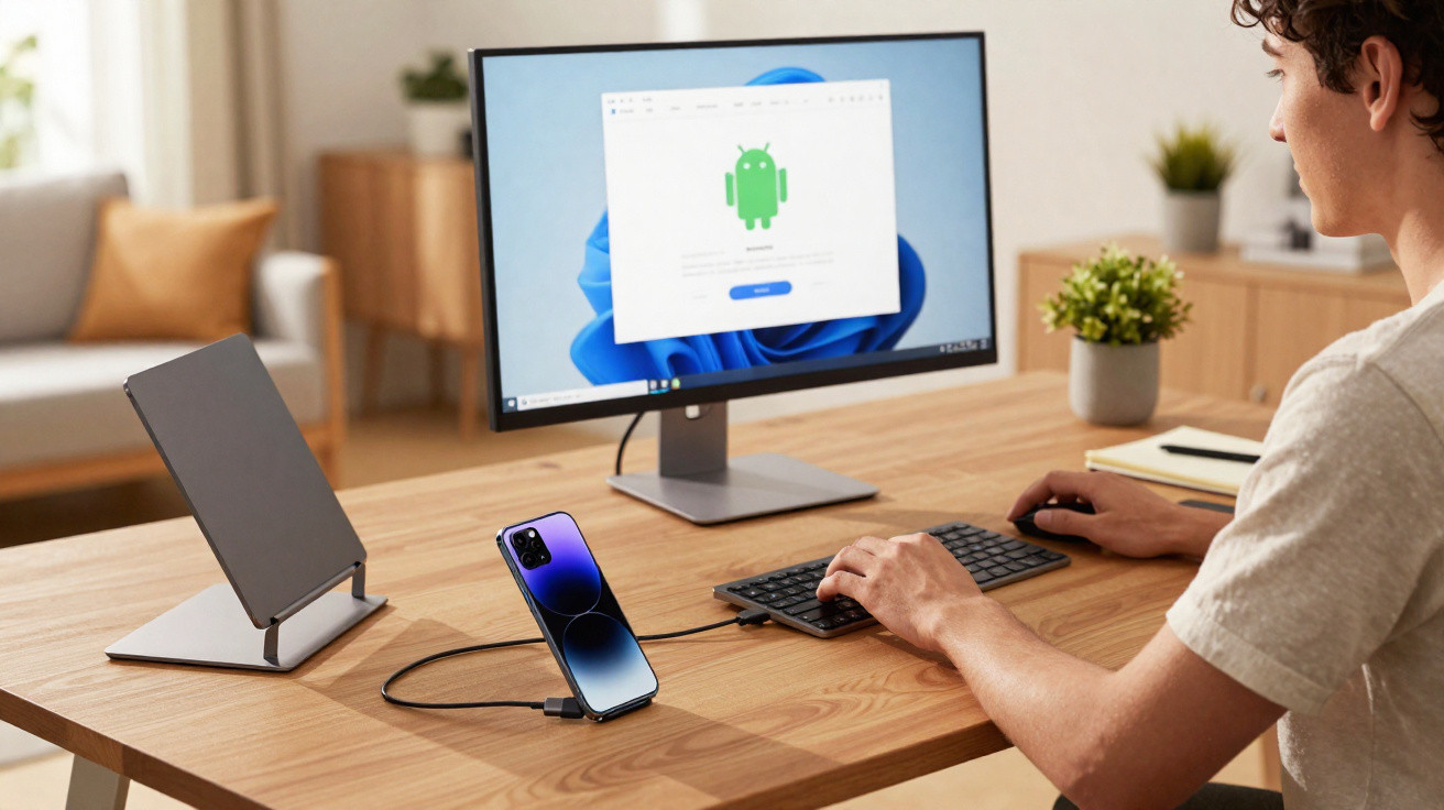 Pessoa conectando smartphone a computador para configuração do Android em mesa de madeira.