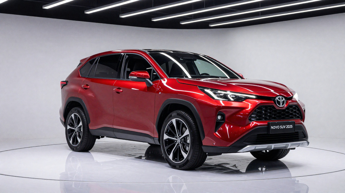 SUV Toyota vermelho 2025 em estúdio com fundo branco e iluminação moderna no teto.