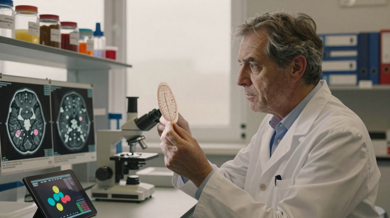 Cientista em laboratório analisando amostra com imagens de ressonância magnética cerebral ao fundo.