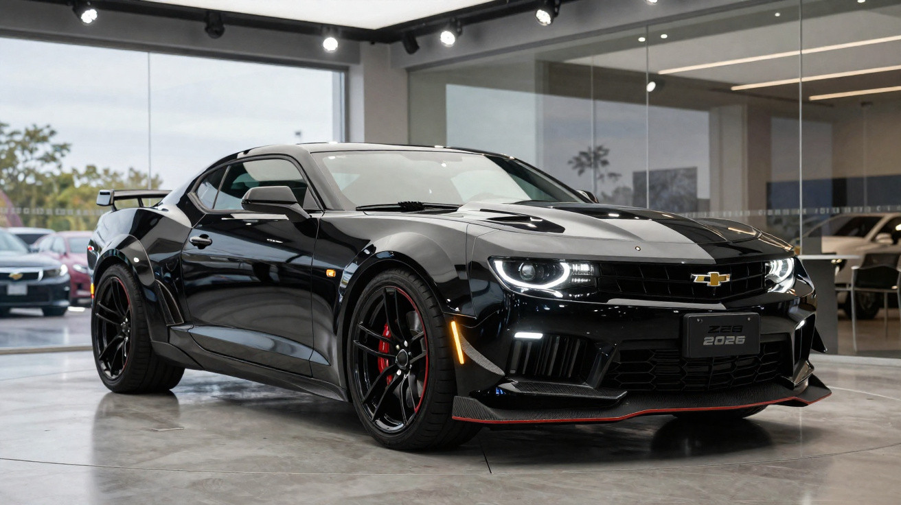 Carro esportivo preto Chevrolet Camaro 2026 exibido em showroom moderno com vidro e iluminação interna.