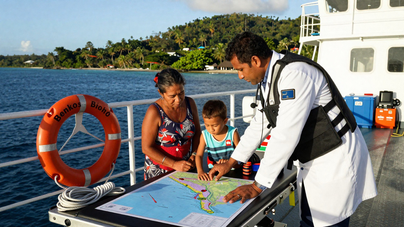 Profissional de branco orienta mulher e criança sobre mapa na deck de barco próximo ao litoral com vegetação.