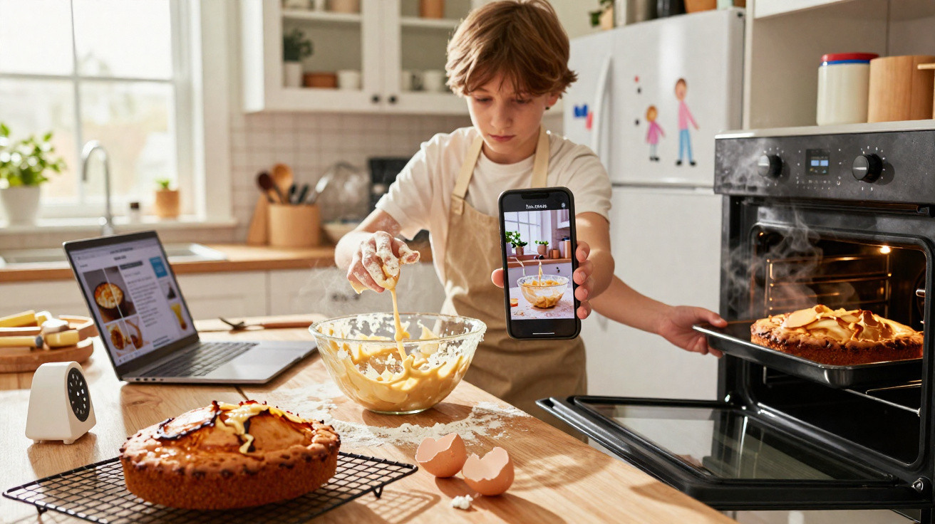 Criança preparando massa e tirando foto com celular perto de forno e bolo em cozinha iluminada.