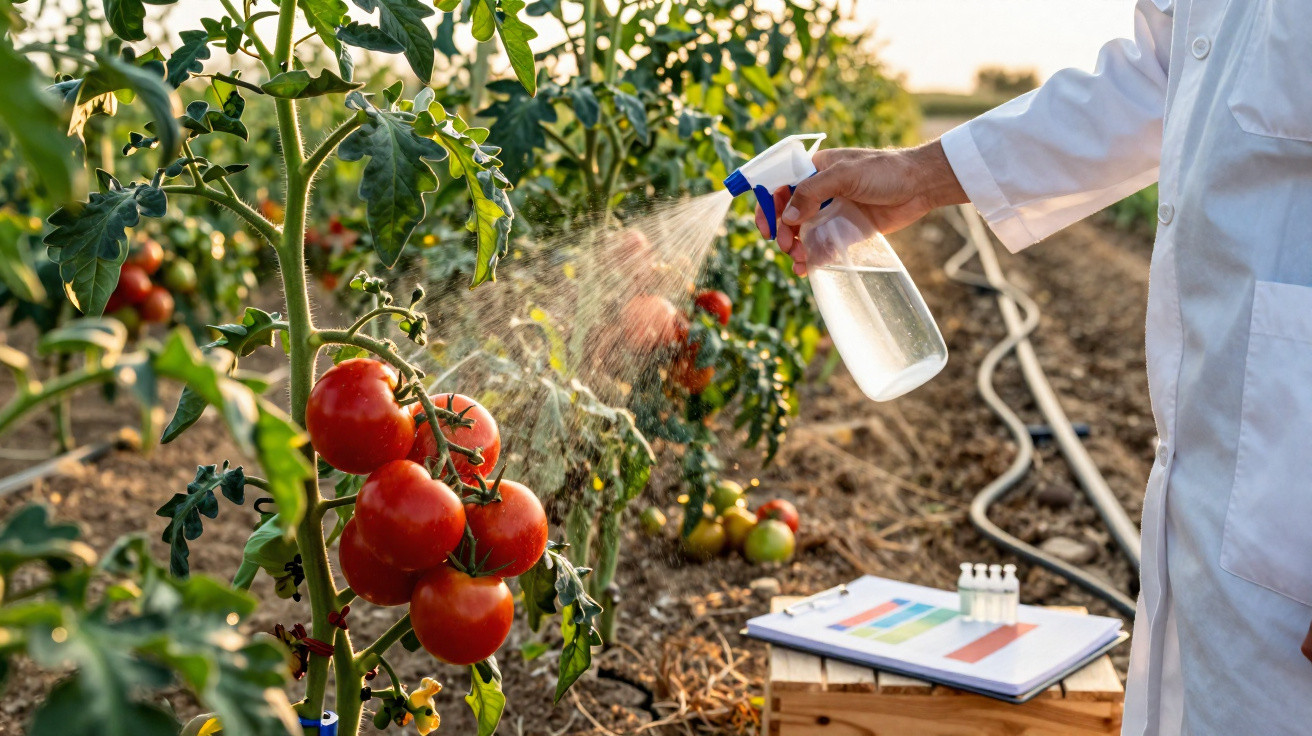 Pessoa borrifando plantas de tomate em estufa com prancheta e amostras químicas ao fundo.