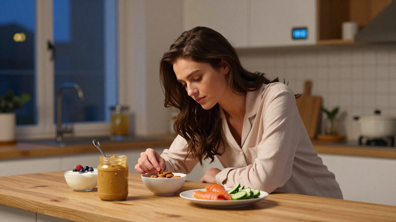 Mulher em cozinha moderna australiana, vestindo pijama claro, comendo nozes à mesa de madeira.