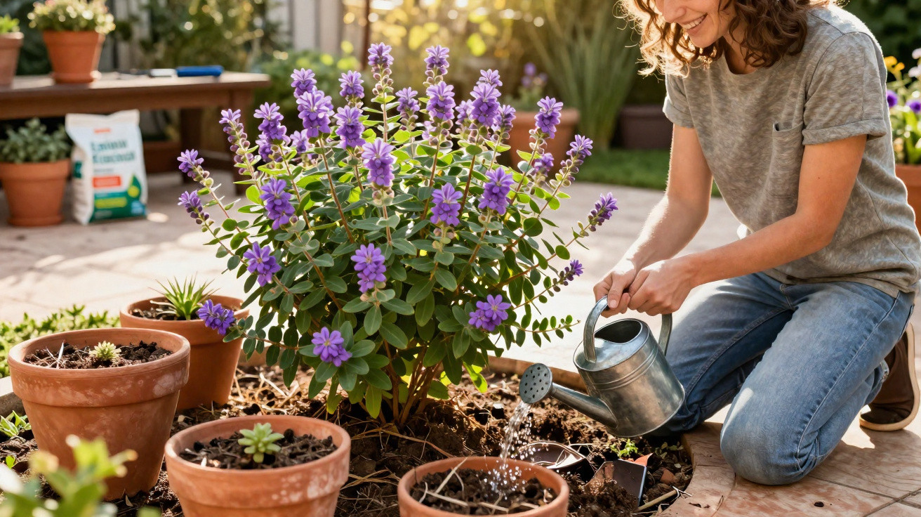 Mulher regando flores roxas em um vaso no jardim ao ar livre em dia ensolarado.