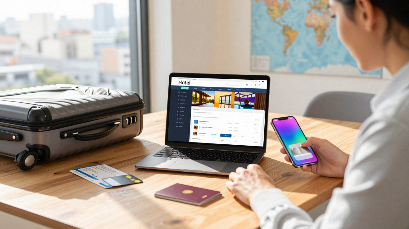 Pessoa usando smartphone para reserva de hotel, com laptop, passaporte, cartões e mala sobre mesa.