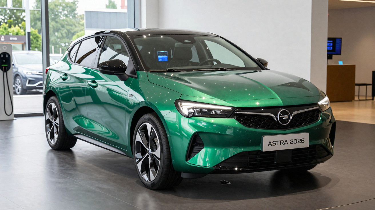 Carro hatchback verde metálico Opel Astra 2026 em showroom moderno com piso cinza.