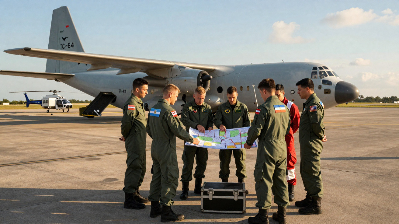 Sete militares em uniformes verdes analisam mapa em pista com avião e helicóptero ao fundo.