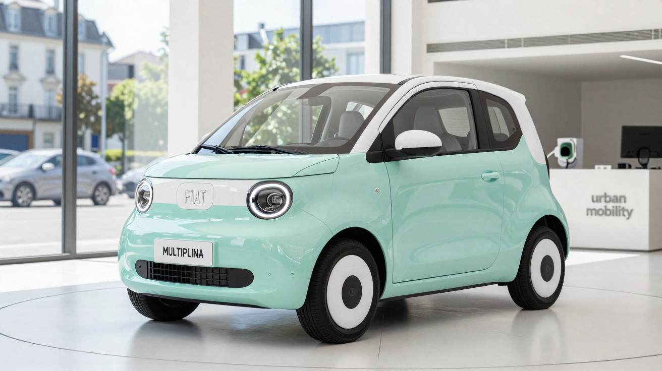 Carro elétrico compacto Fiat Multipla mint green em showroom moderno com grandes janelas, ambiente urbano.