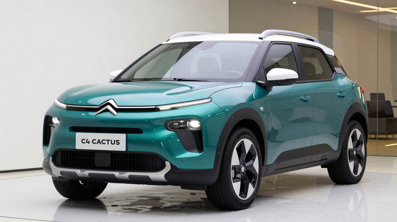 SUV Citroën C4 Cactus verde em ambiente interno com teto branco e detalhes pretos nas laterais.