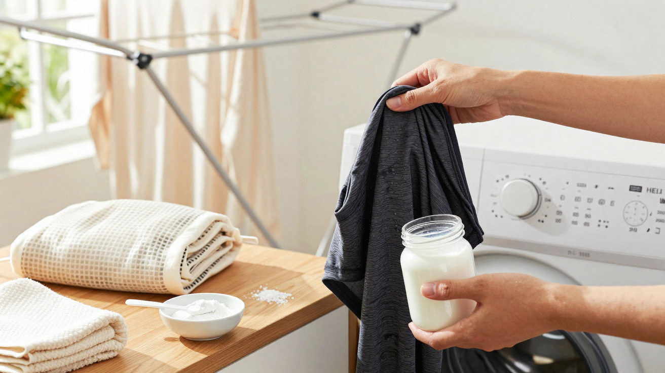 Mãos aplicando solução de limpeza caseira em roupa preta próximo à máquina de lavar e toalhas dobradas.