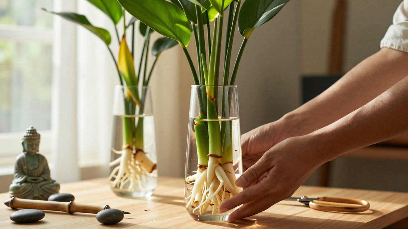 Mãos ajustando vaso com plantas de folhas verdes e raízes submersas em água sobre mesa de madeira.