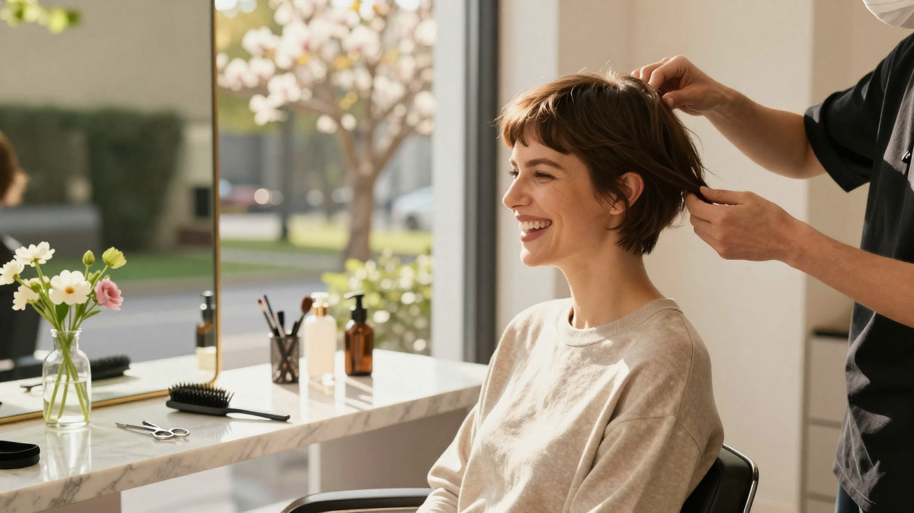 Mulher sorrindo enquanto cabeleireiro arruma seu cabelo curto em salão com luz natural.