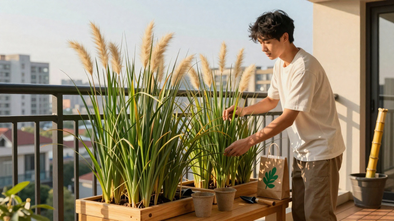 Jovem cuidando de plantas em vasos no terraço de apartamento em dia ensolarado.