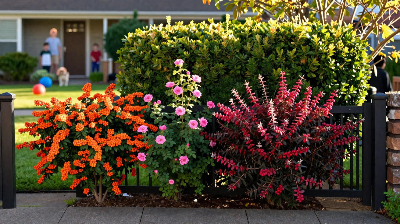 Jardim com arbustos floridos em diferentes cores na frente de uma casa residencial ensolarada.
