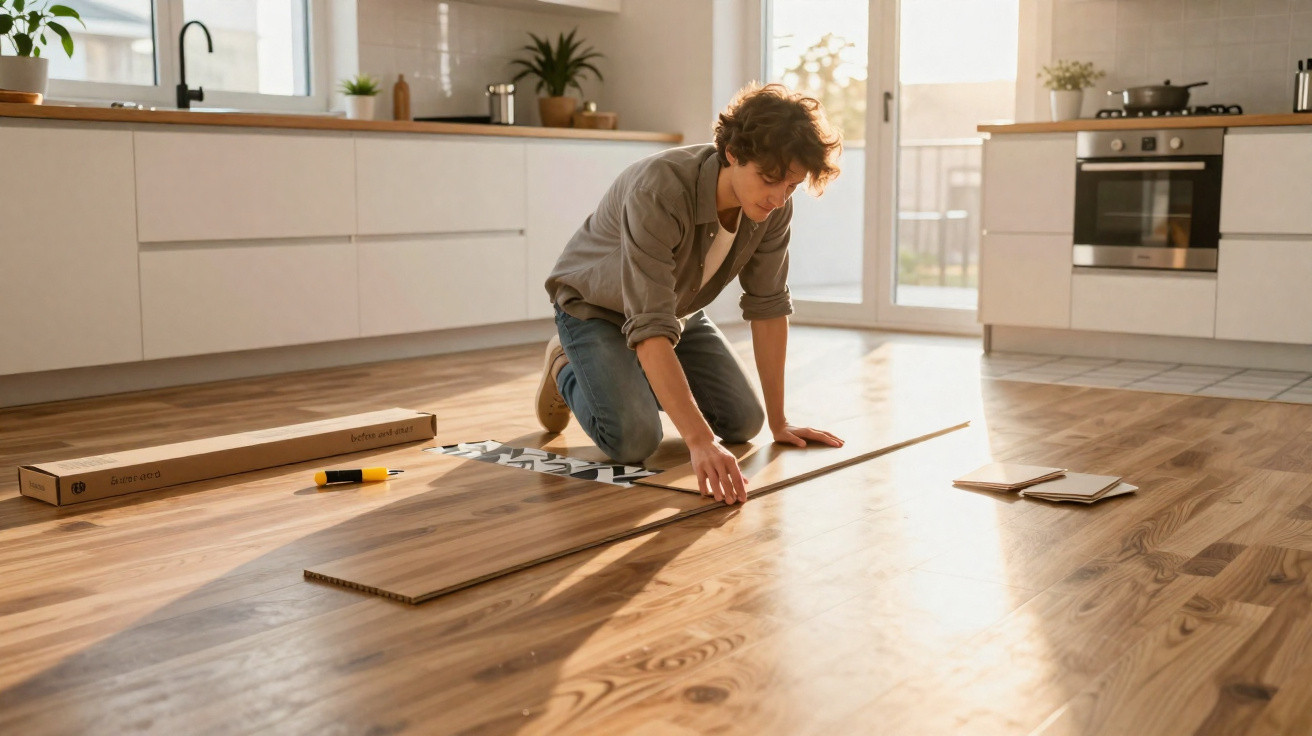 Pessoa ajoelhada instalando piso laminado em cozinha com iluminação natural.