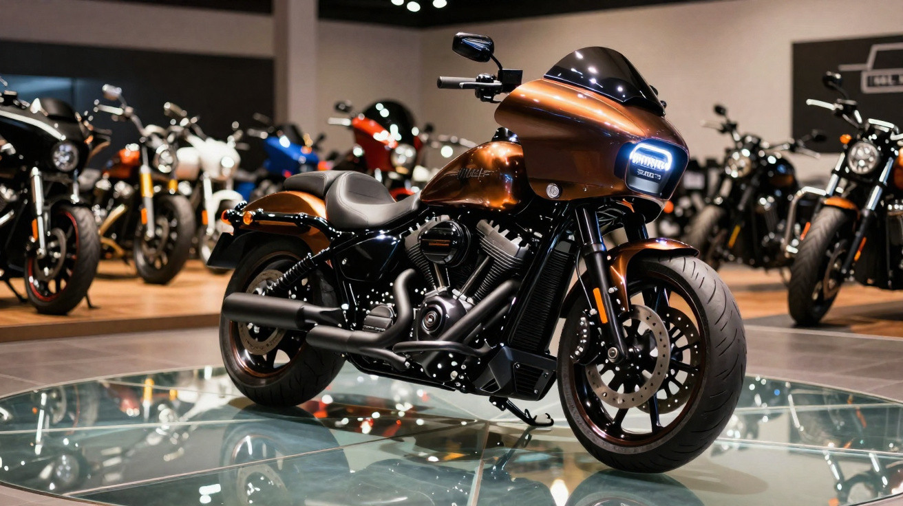 Motocicleta Harley-Davidson elétrica com design moderno exposta em loja iluminada.