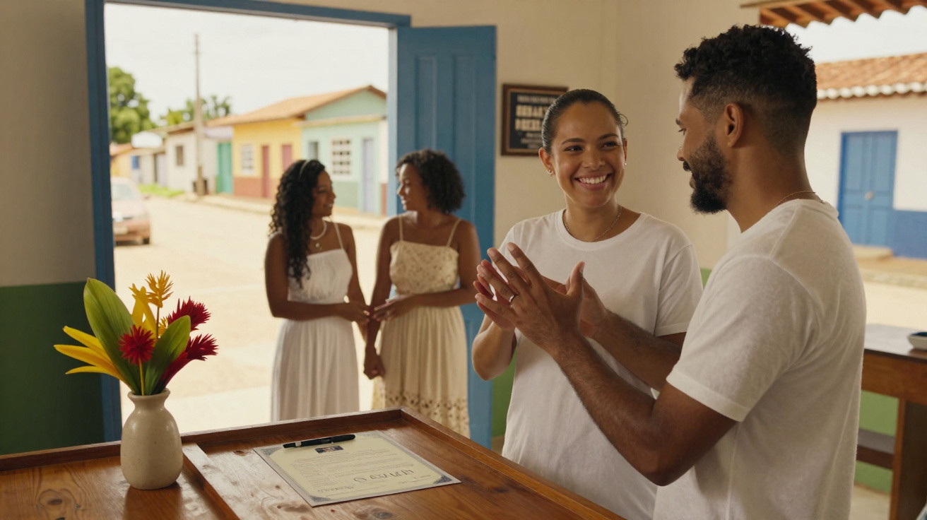 Duas mulheres conversando à porta e um homem e uma mulher sorrindo e conversando dentro de uma sala iluminada.