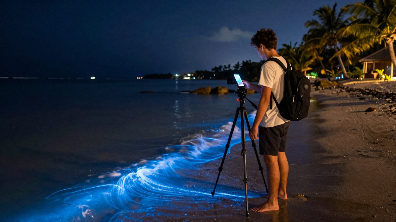 Jovem fotografando ondas bioluminescentes em uma praia à noite com câmera em tripé.