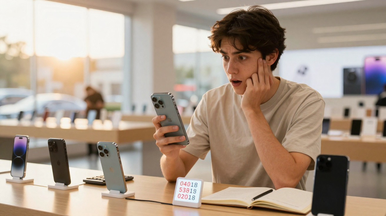 Jovem surpreso segurando smartphone em loja de eletrônicos com vários celulares expostos na mesa.