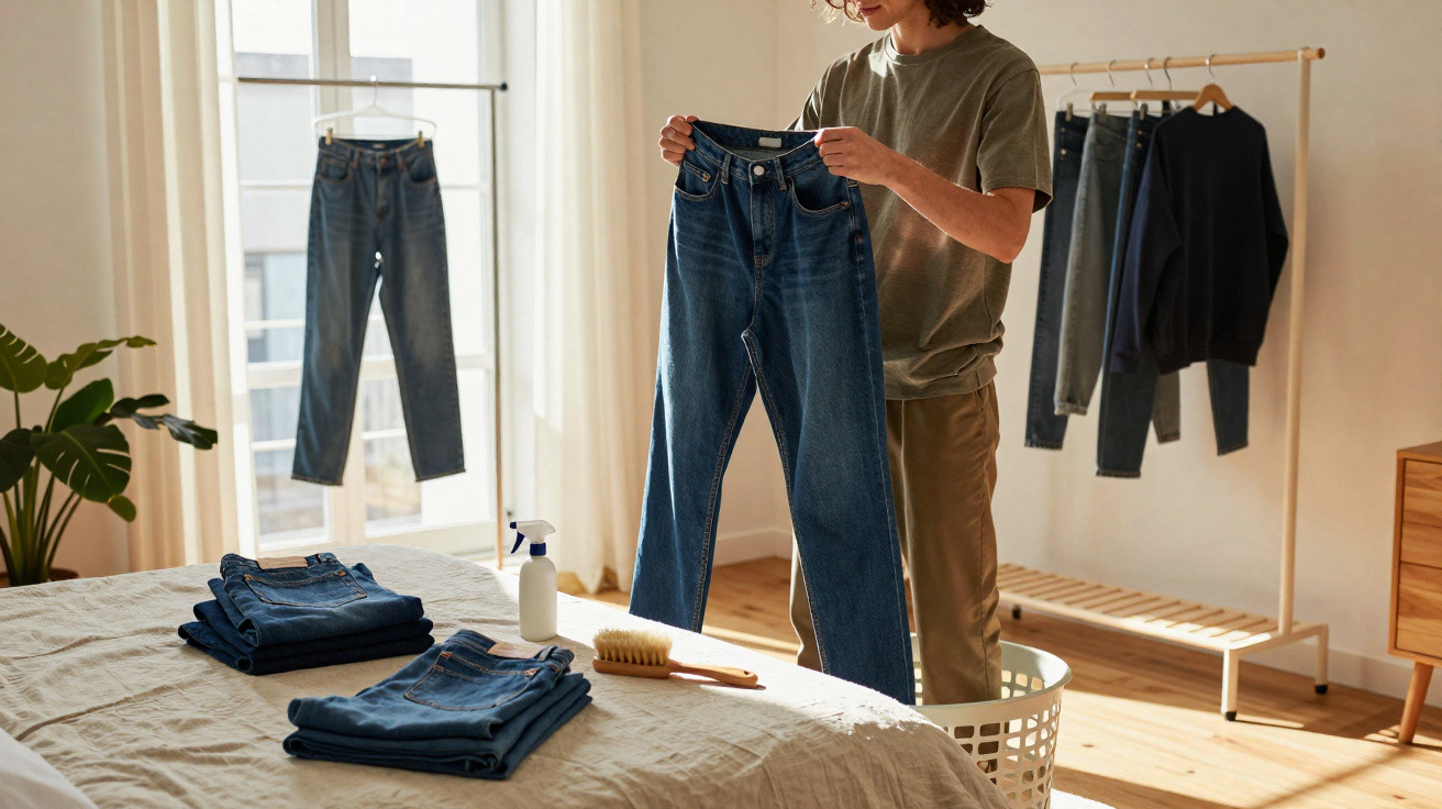 Pessoa segurando calça jeans em quarto com várias roupas dobradas e penduradas no cabideiro.