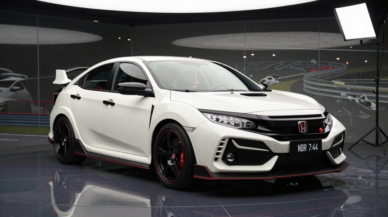 Carro esportivo branco Honda Civic Type R em estúdio com luz de estúdio e fundo temático de pista de corrida.