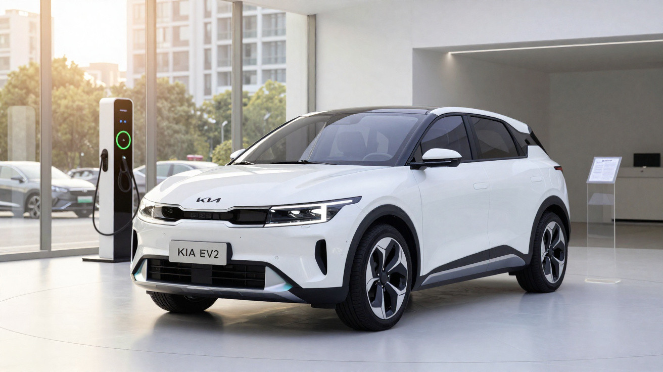 Carro elétrico branco Kia EV2 exposto em área interna moderna com estação de recarga ao fundo.