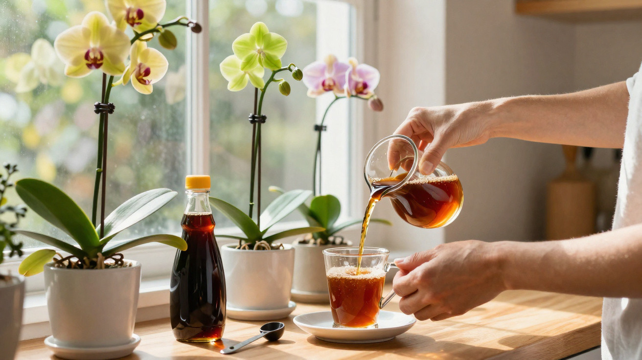Pessoa servindo café em copo transparente na cozinha com orquídeas em vasos na janela ao fundo.