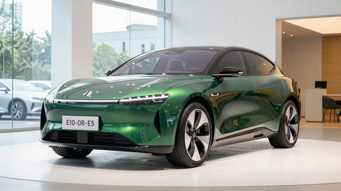 Carro elétrico verde metálico exibido em showroom com iluminação natural e vidros grandes ao fundo.