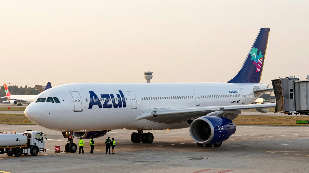 Avião da Azul estacionado no aeroporto com tripulantes e caminhão de abastecimento ao lado.