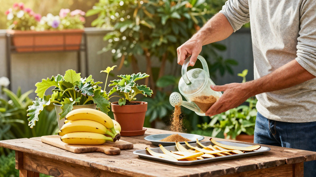 Pessoa espalhando açúcar mascavo em fatias de banana sobre mesa de madeira ao ar livre.