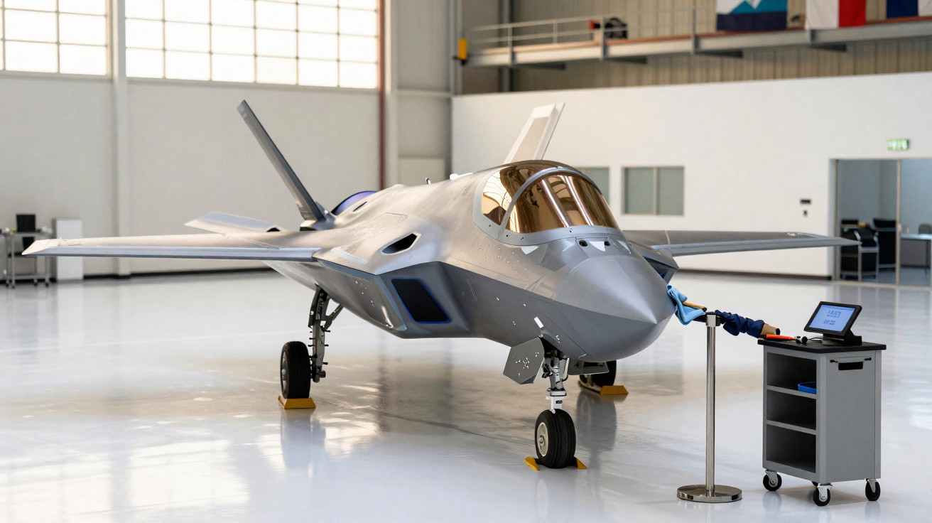 Avião de caça moderno cinza em hangar, com monitor e equipamento ao lado.