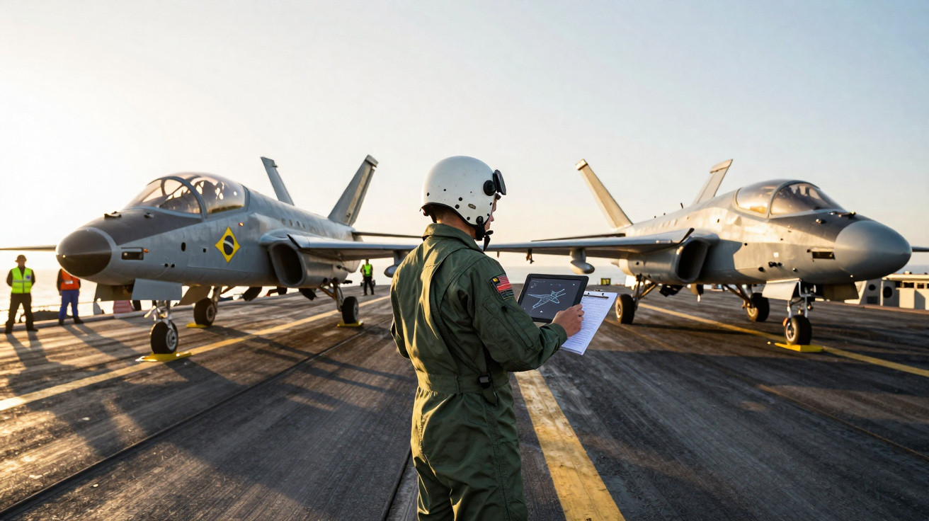Piloto de farda e capacete verifica tablet em porta-aviões com dois caças de combate ao pôr do sol.