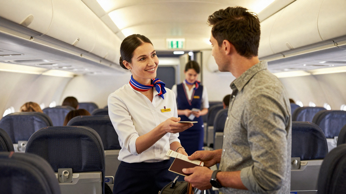 Comissária de bordo sorrindo enquanto verifica o passaporte de passageiro dentro do avião.