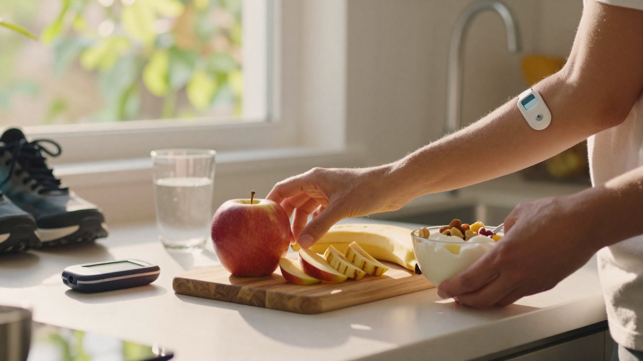 Pessoa com sensor de glicose no braço pegando maçã fatiada em tábua com frutas e iogurte na cozinha.