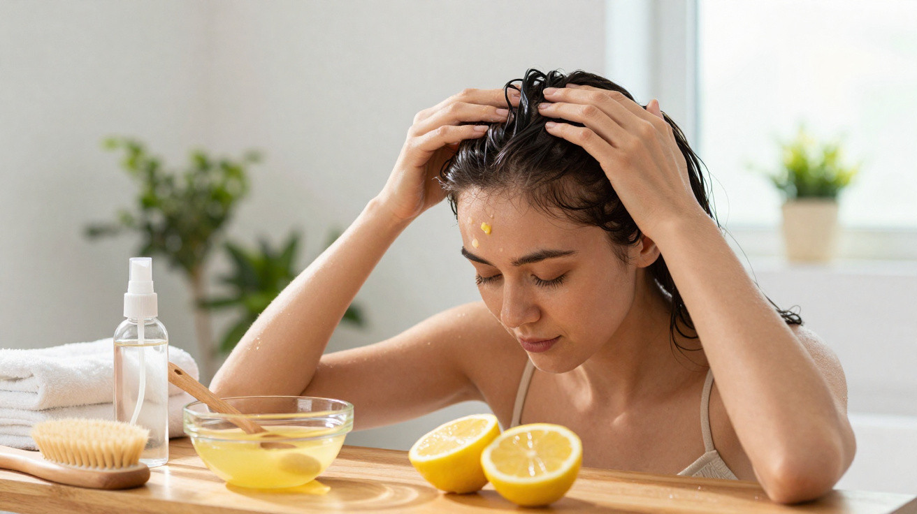 Mulher aplicando máscara facial natural com limão, ao lado de rodelas e recipiente com limão espremido.