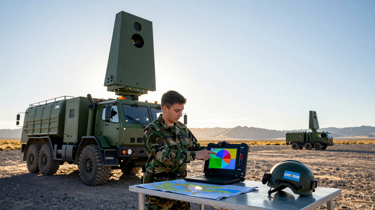 Militar argentino operando equipamento eletrônico perto de veículos militares em terreno deserto ao entardecer.