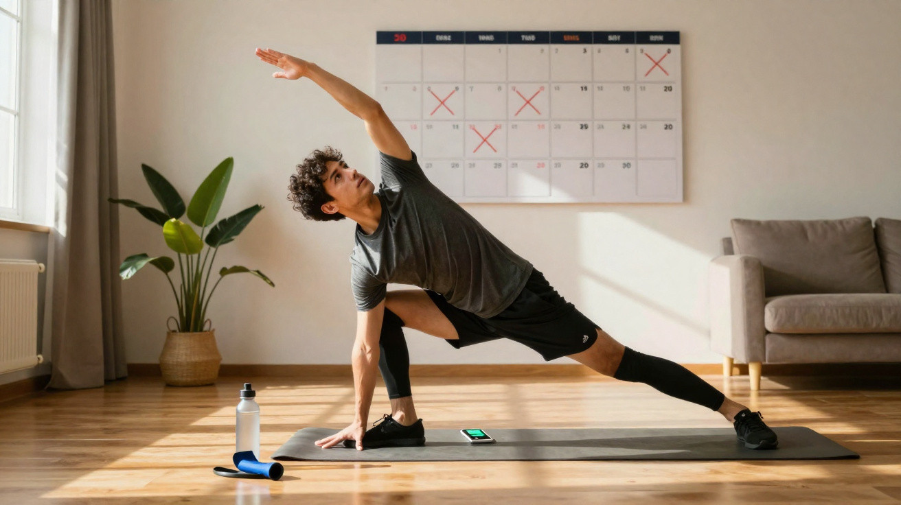 Homem fazendo alongamento em tapete de yoga em sala com planta, garrafa e calendário na parede.