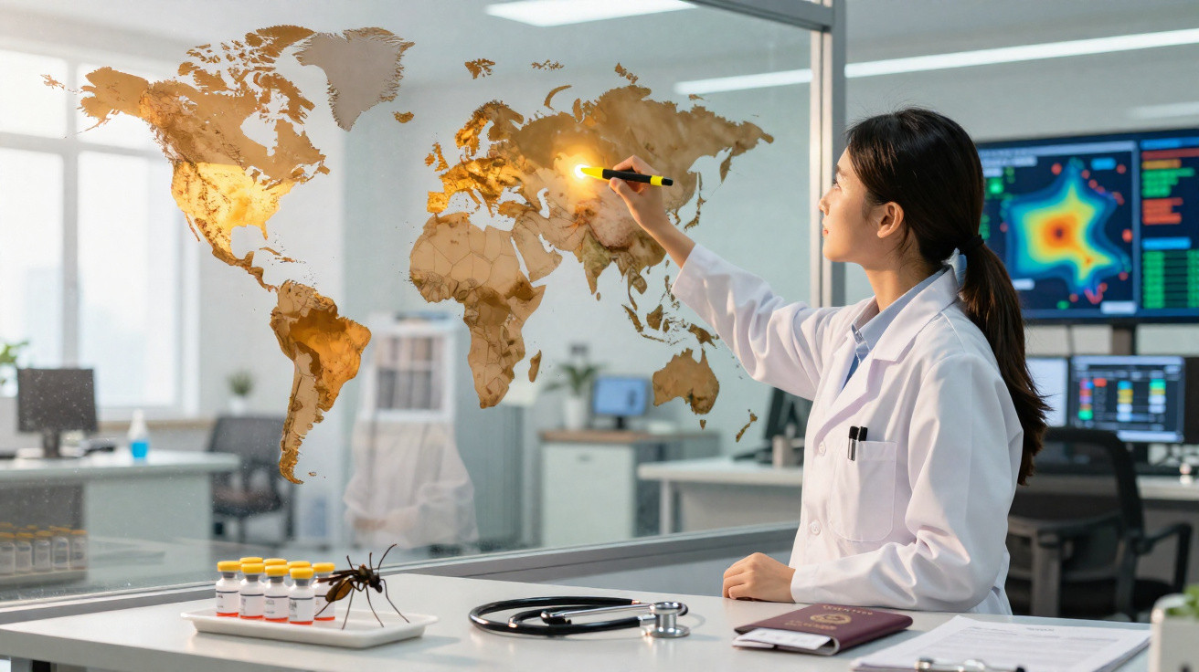 Mulher cientista em laboratório marcando mapa mundial transparente com caneta luminosa.