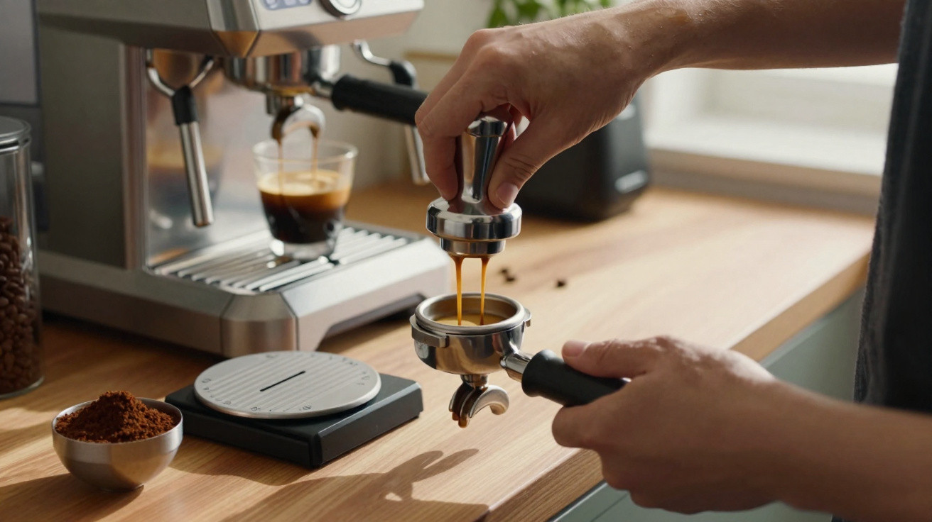 Pessoa usando um tamper para compactar café moído em porta-filtro para preparar espresso.