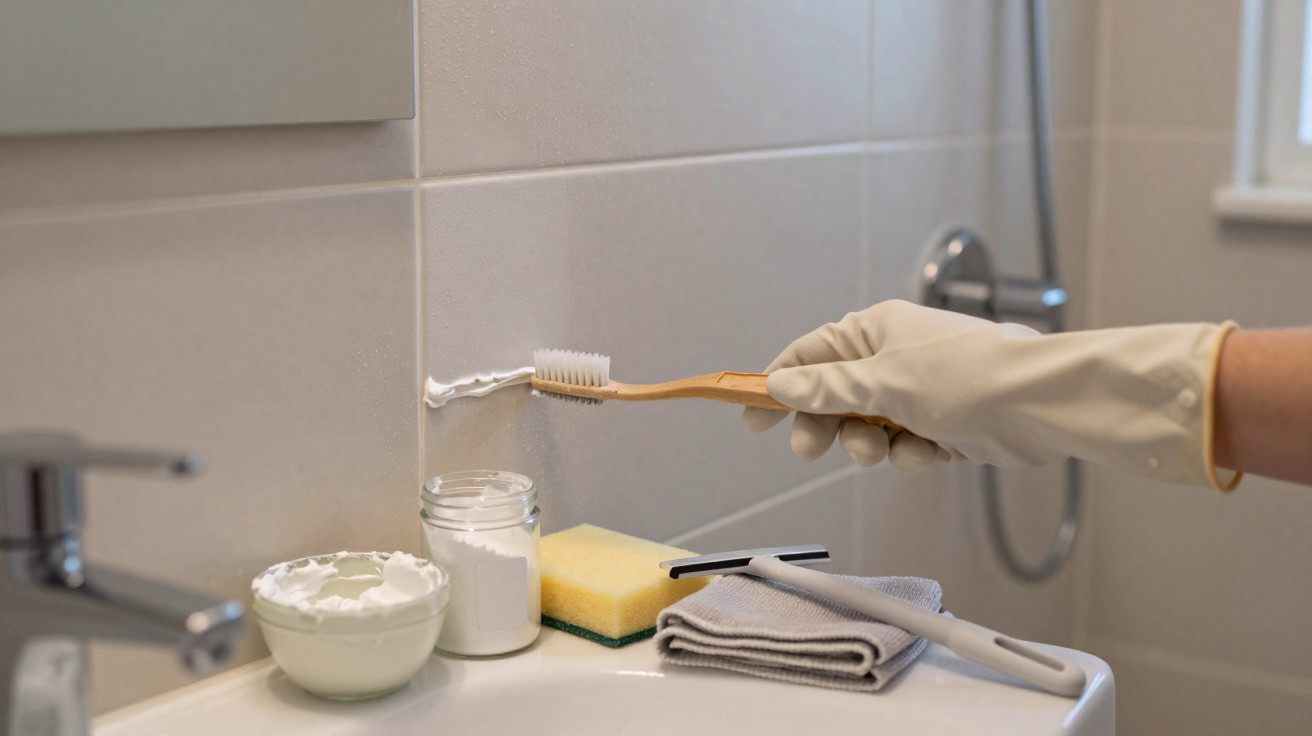 Pessoa com luva aplicando pasta de limpeza com escova em rejunte de parede de banheiro.