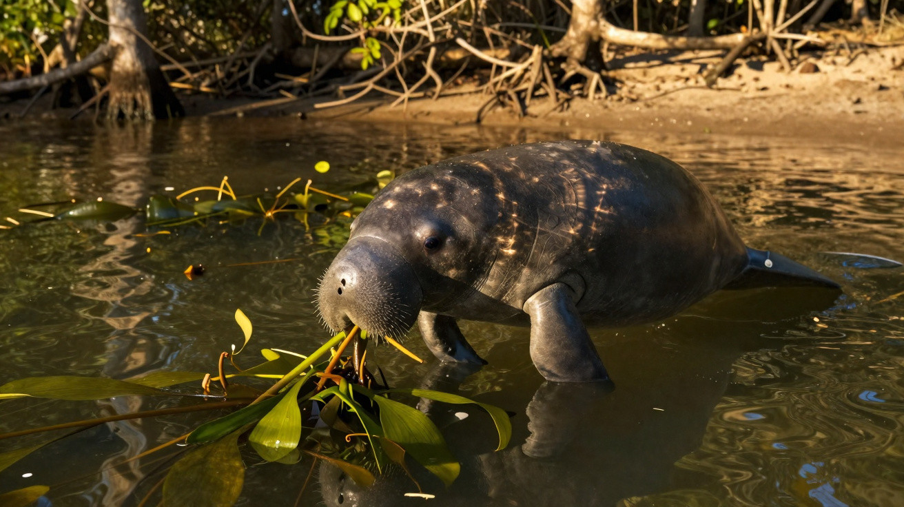 Peixe-boi amazônico se alimentando de plantas aquáticas em água rasa com vegetação ao fundo.