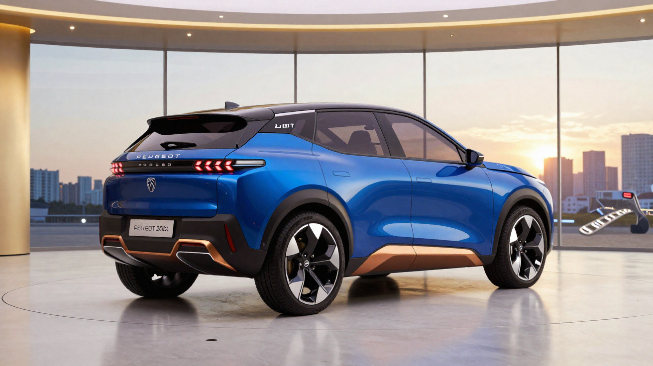 SUV Peugeot 3008 azul com detalhes bronze estacionado em ambiente interno moderno com vista urbana ao pôr do sol.